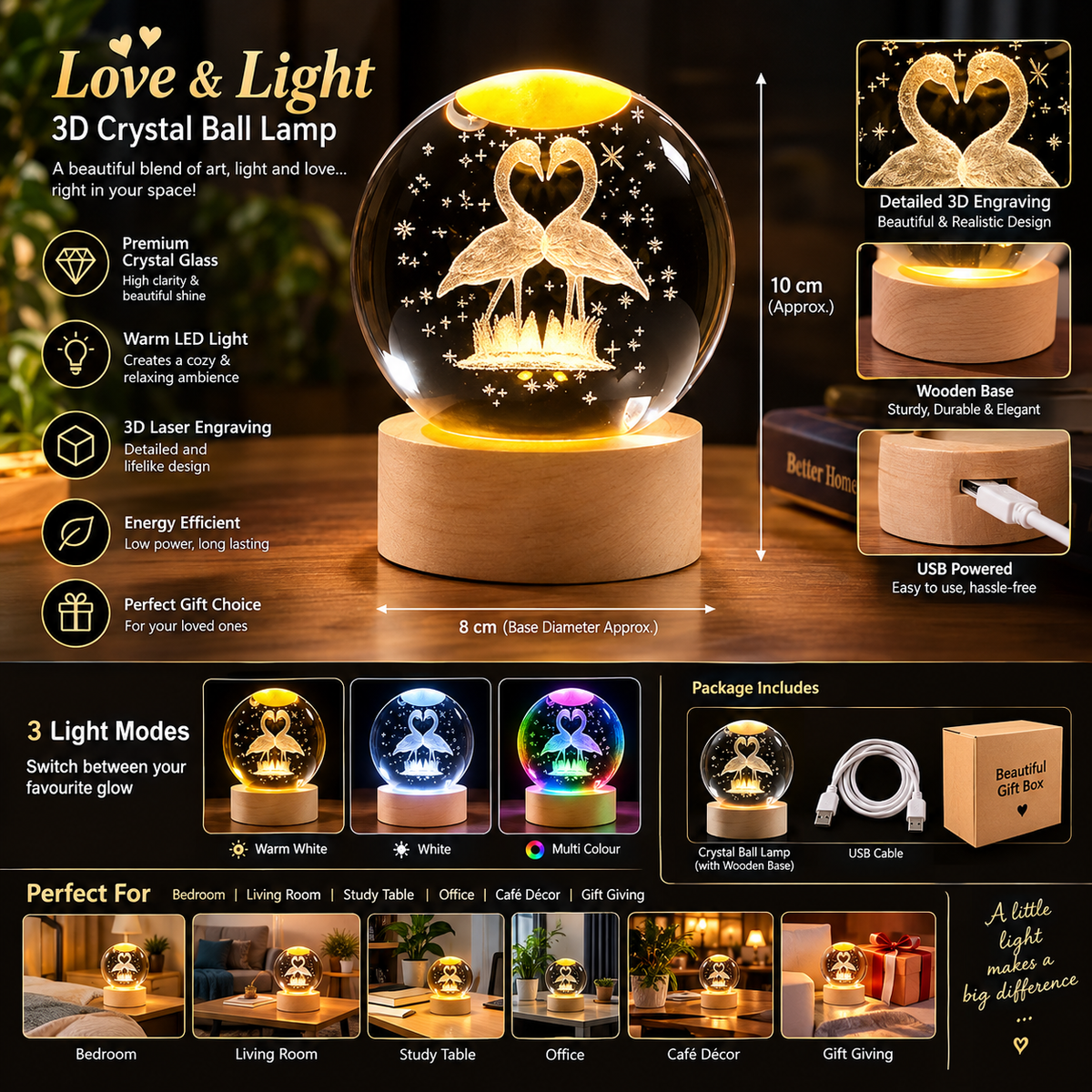 Love Flamingo 3d Crystal Ball Lamp